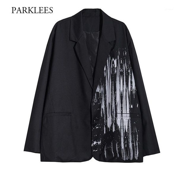 

black mens blazer loose graffiti leisure suit jacket men hiph hop high street costume homme stage casual business streetwear1, White;black