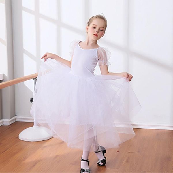 

girls ballet tutu children long skirt bubble sleeves white princess dress swan lake costumes kids practice performance dacewear1, Black;red