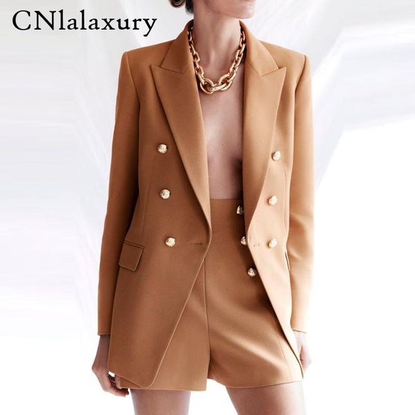 

cnlalaxury women england office simple solid double-breasted women blazers jackets and shorts bermuda two pieces sets female1, Gray