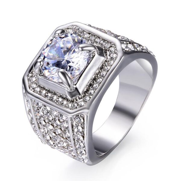 

fashion big male crystal rhinestone geometric ring zircon stone engagement ring 18kt silver large wedding rings for men gift