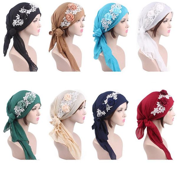 

women head scarf flower chemo hat turban pre-tied headwear bandana cancer caps, Blue;gray