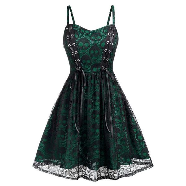 

sleeveless dress big size sale skull print spaghetti strap dress short lace mesh patchwork halloween for women #5, Black;gray