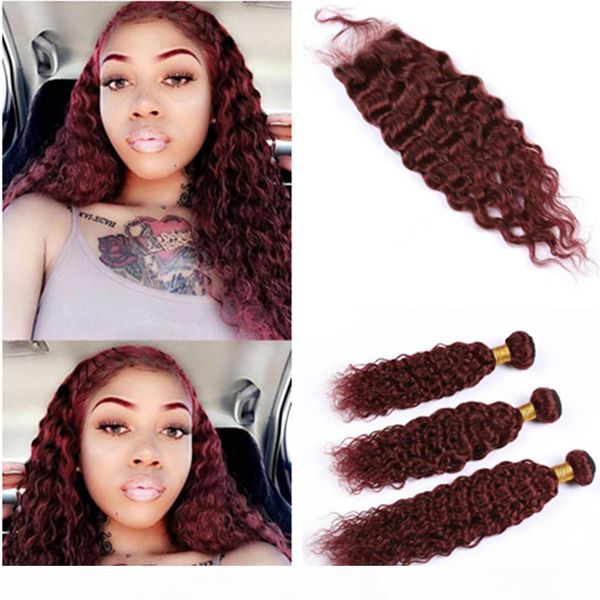 

burgundy peruvian water wave human hair weave bundles with closure #99j wine red wet and wavy virgin hair lace closure 4x4 with 3bundles, Black;brown