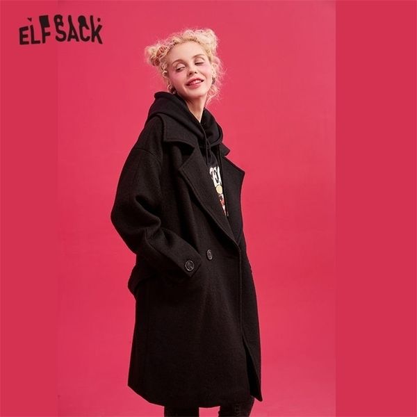 Elfsack preto sólido reto duplo breasted lã casacos mulheres back back manga comprida casual warmness outwear lj201201