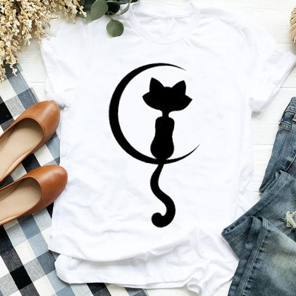 

women lady cat short sleeve harajuku kawai geometric print shirt t tee for womens clothes tshirt female graphic t-shirt, White