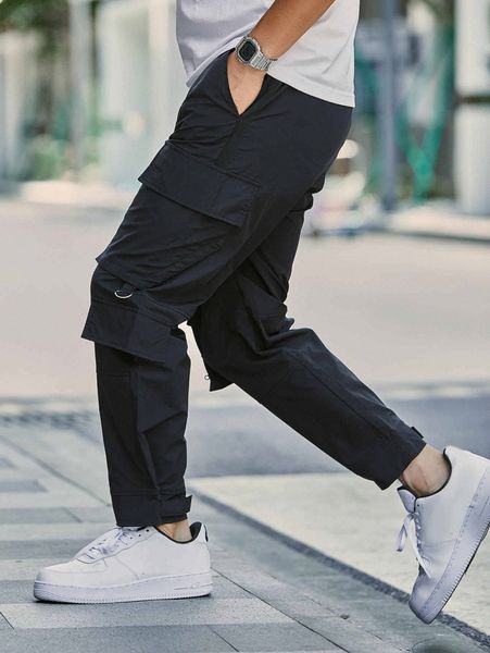 

men drawstring waist cargo pants q2gs#, Black