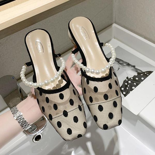 

shoes slippers casual cover toe mules for women 2021 med string bead slides luxury hoof heels fabric fashion rubber pu mesh, Black