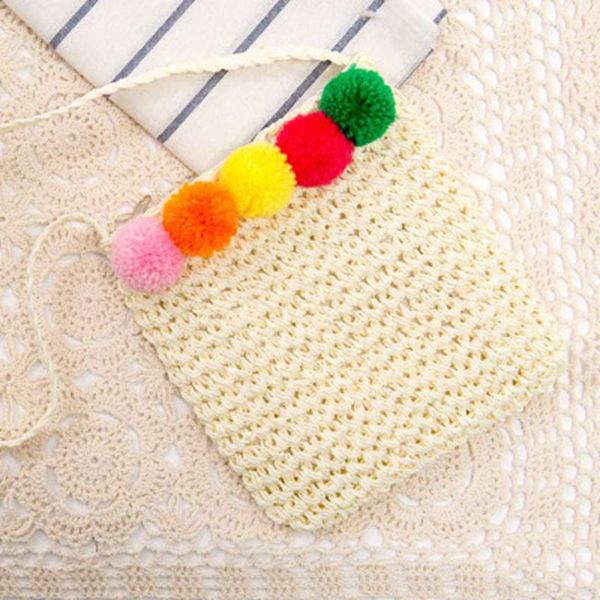 

fashion simple messenger bag diagonal shoulder bag ethnic style color wool ball straw holiday beach handbags