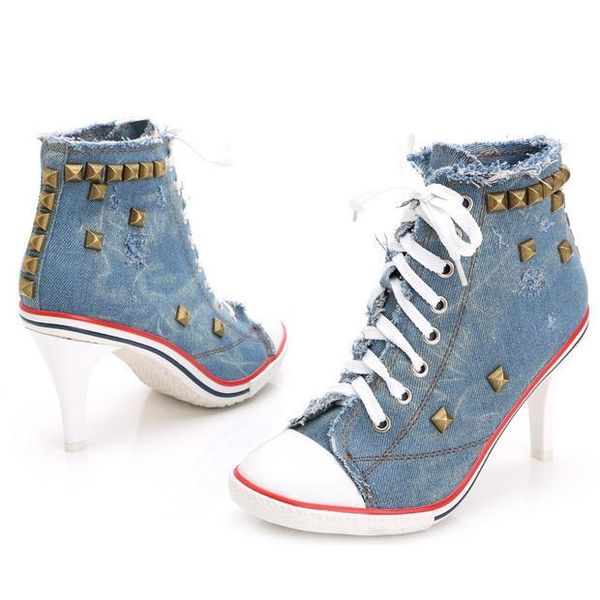 

rivet women shoes denim high heels woman canvas shoes lace up lady office camouflage female high heel 34-40#, Black