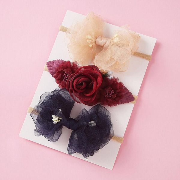 

3pcs set cute flower baby headband lace bows hairbands for girl nylon kids hair band turban hair accessories pgraphy wmtmox rimmer, Slivery;white