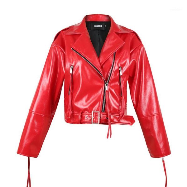 

2020 spring red patent shiny leather jacket women bright surface small coat locomotive female glossy leather biker coat hr50321, Black