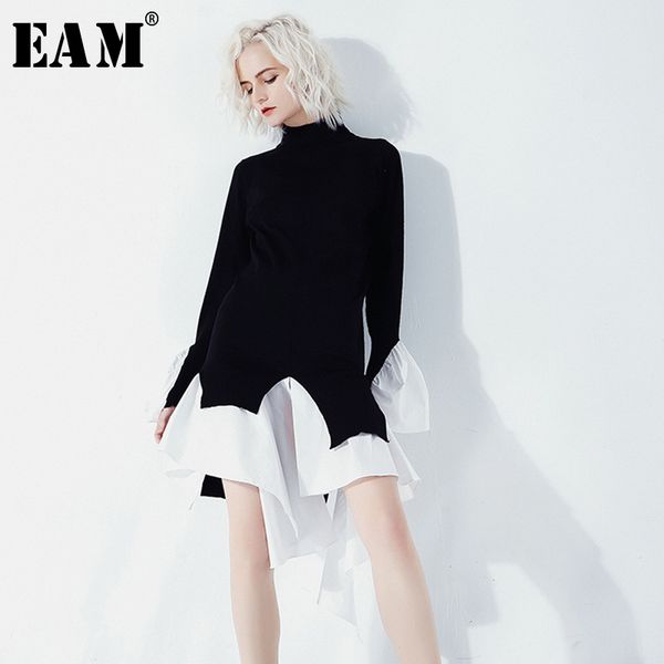 

[eam] women contrast color asymmetrical knitting dress new turtleneck long sleeve loose fit fashion spring autumn jo003 201126, Black;gray
