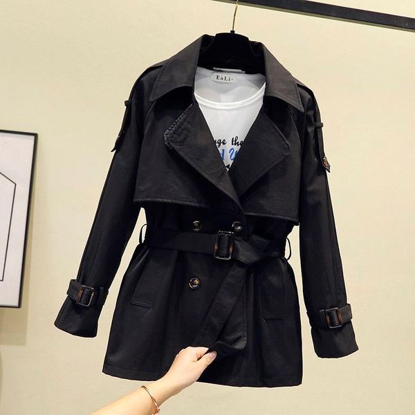 

new fashion women short trench coat autumn winter vintage belt double breasted khaki windbreaker outwear slim office coat y538, Tan;black