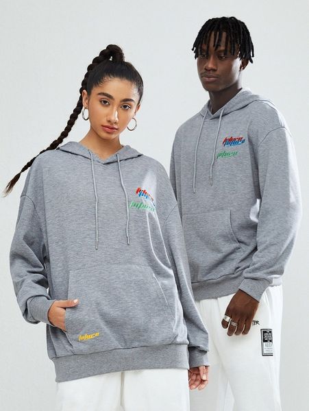 

embroidery letter drop shoulder drawstring hoodie g3rd#, Black