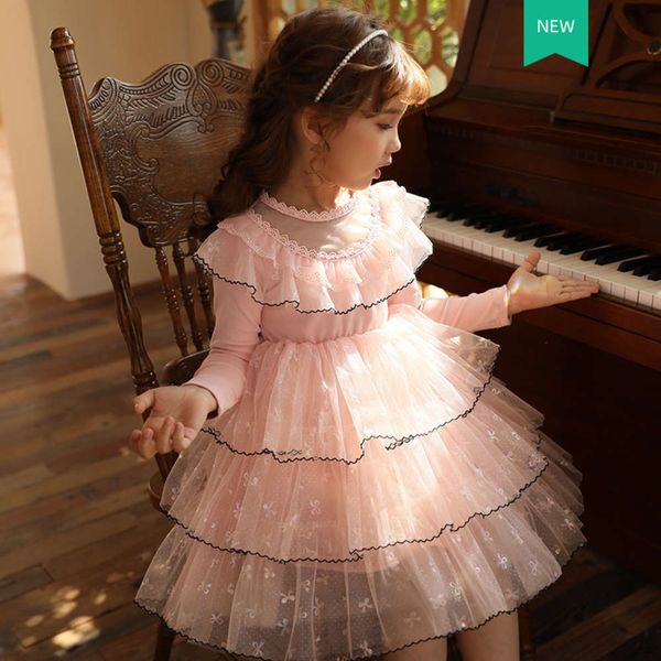 

drs mh new girl's foreign sle spring lace 2021 middle school children's princs long sve cake skirt, Red;yellow