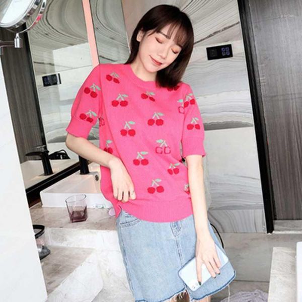 

brand2020 summer fashion women sweet women new pink cherry jacquard pullover puff short-sleeved sweater clothes, White;black