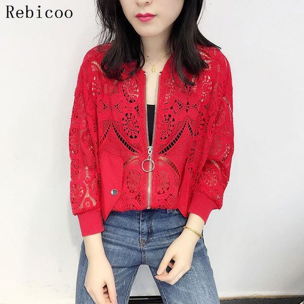 

womens casual bomber jackets ladies lace floral jacket long sleeve basic jacket female hollow out sunproof coats, Black;brown