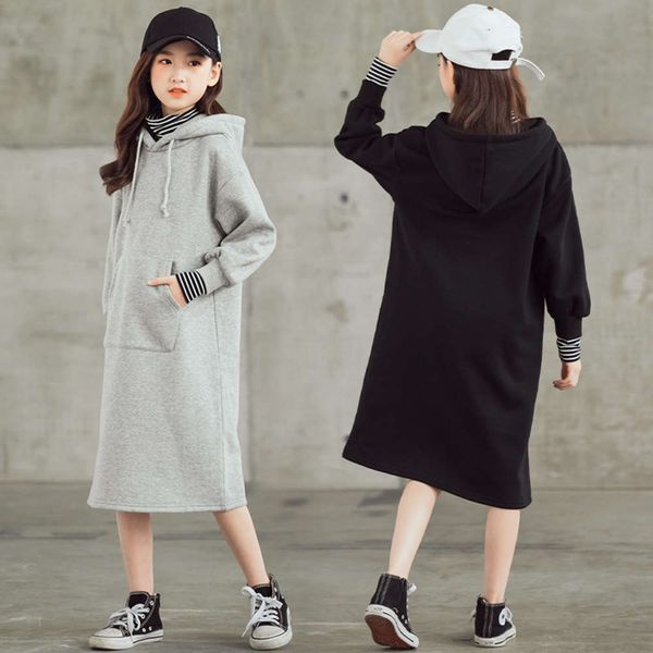 

girls' plush and thickened drs 2020 winter new contrast stripe high collar hooded medium length sweater skirt fashion, Red;yellow