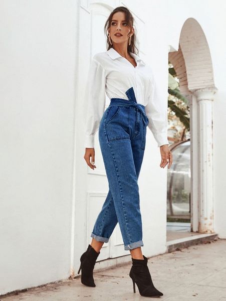 

tie waist slant pocket cuffed jeans u2it#, Blue
