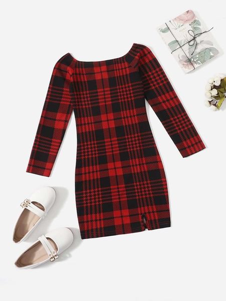 

girls tartan print off shoulder dress she, Red;yellow