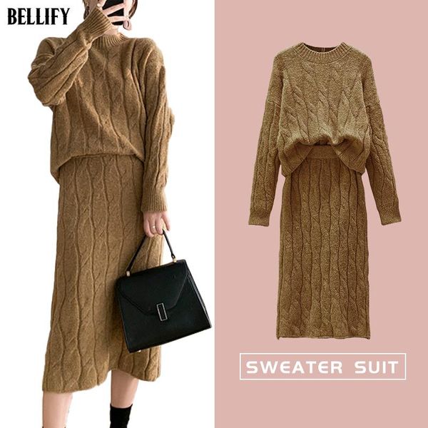 

cable knitted sweater and skirt two piece set women autumn loose fit sweater skirts 2 piece sets outfits, Gray