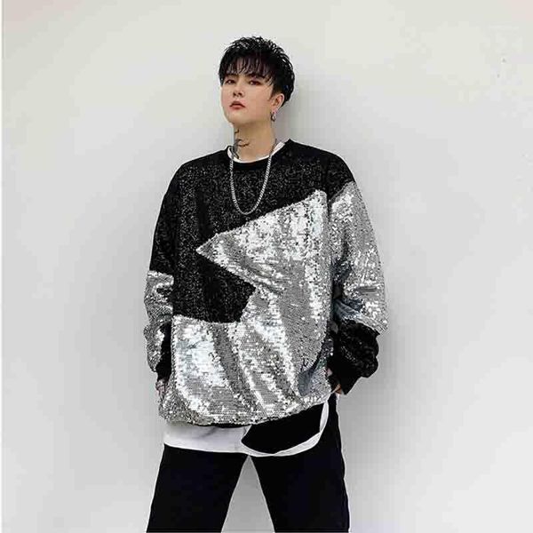 

cool men sequined knit long sleeve o-neck blouse shiny spark loose pullover color patch knitted shirt male clothes, White;black