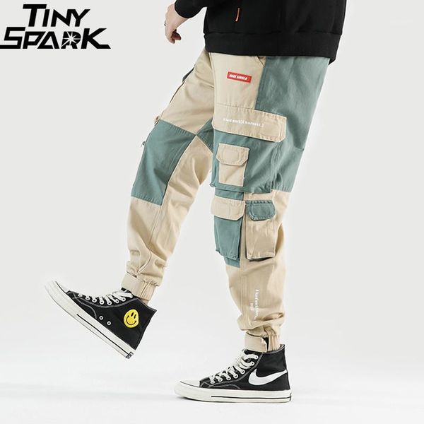 

2019 hip hip cargo pants multi pockets men harajuku pant joggers baggy sweatpant streetwear color block patchwork track trousers1, Black