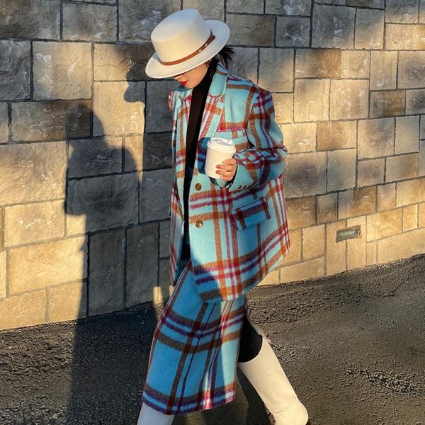 

women's tracksuits [ewq] 2021 winter female fashion casual blue plaid 2 piece set long-sleeved minimalist woolen overcoat+mid-calf skir, Gray