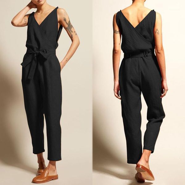 

women's jumpsuits & rompers zanzea elegant women summer v neck sleeveless casual solid work overalls female bow tie playsuits plus size, Black;white