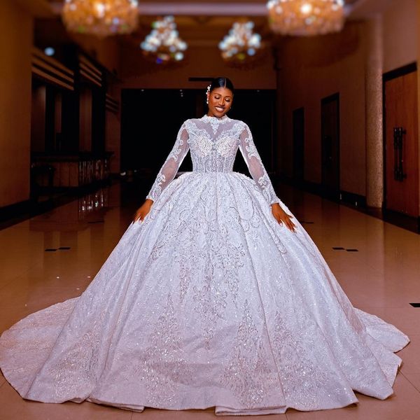 Elegante weiße Ballkleid Brautkleider mit langen Ärmeln Spitze Pailletten Robe de Mariage handgemachte Vintage Vestido de Novia