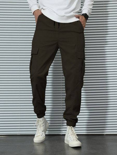 

men drawstring detail flap pockets cargo pants j8aq#, Black