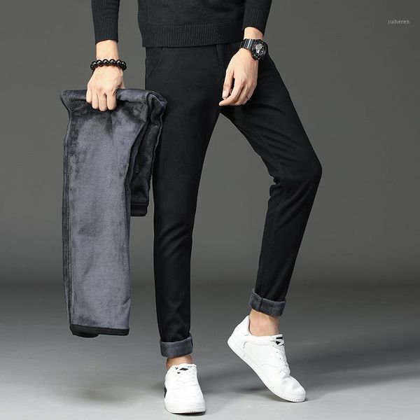 

brand men's winter fleece fluff thicken warm pants men business cotton slim skinny elastic fleece thick casual trousers clothes1, Black