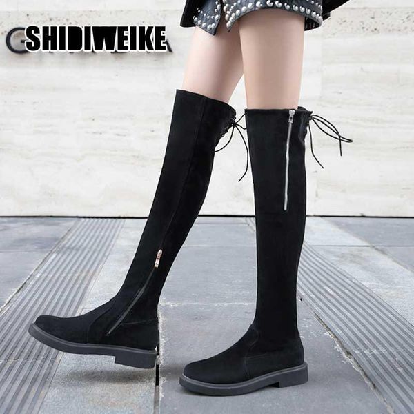 

2020 fashion zipper autumn european and american boots than knee high roller women's stretch boots cotton flat heel v6251, Black
