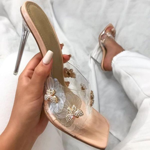 

slippers women's shoes summer heels slides 2021 flower female woman square toe crystal women footwear ladies casual, Black
