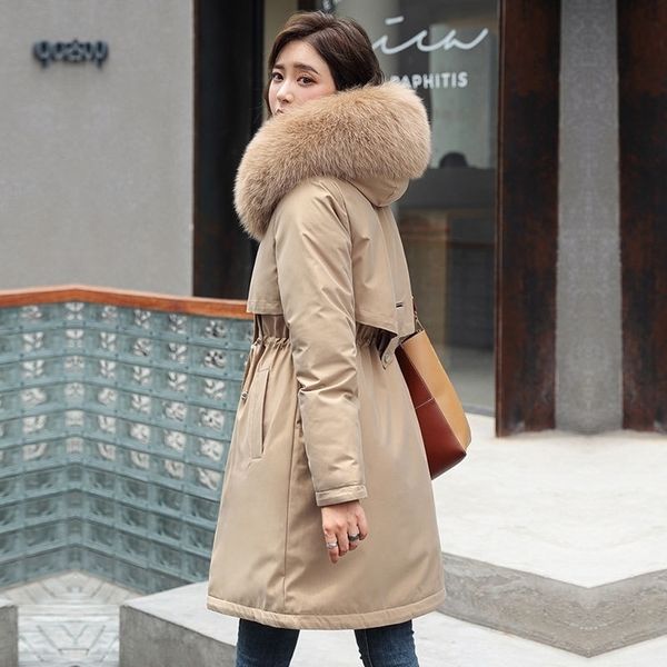

fashion solid cotton liner parker autumn winter jacket women drawstring slim medium long down parka hooded fur coat female 201127, Black