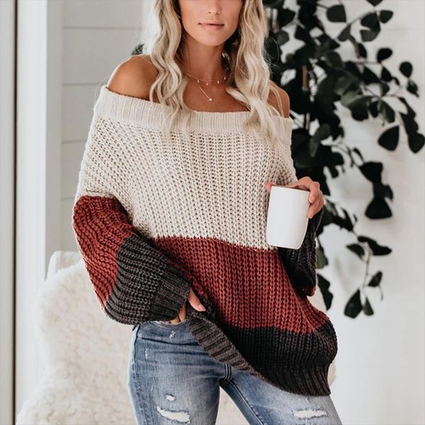 

women slash neck off shoulder striped sweaters autumn winter loose patchwork jumpers long sleeve knitted pullover sweater, White;black