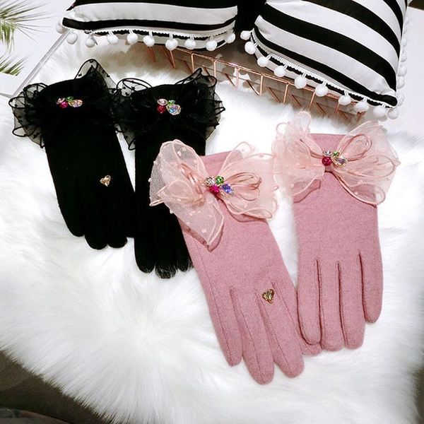 

2020 fashion dot yarn bow knot jewel women winter gloves touch screen thick warm mittens driving cashmere gloves female agl274, Blue;gray