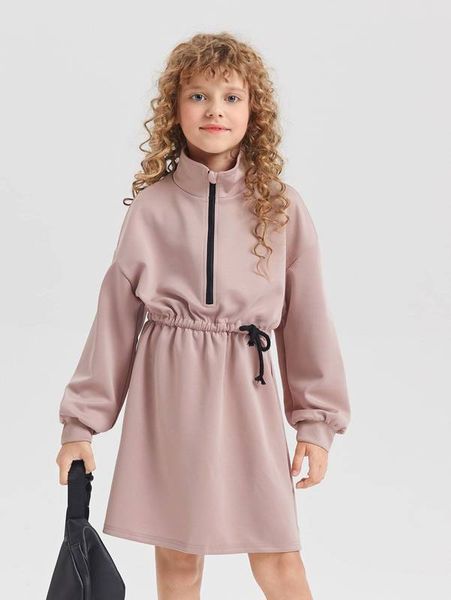 

girls half zipper drawstring waist drop shoulder dress she, Red;yellow