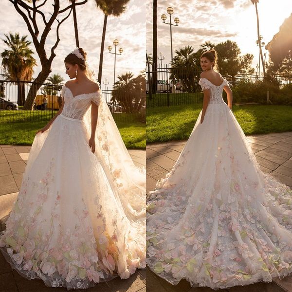 

pretty country wedding dress 2020 off the shoulder a line lace floral applique robe de mariÃ©e customize beach style vestido de noiva, White