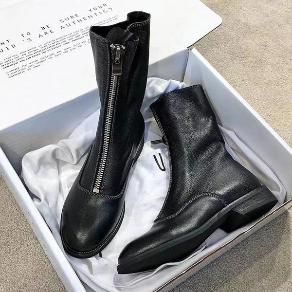 

lvabc 20 натуральных кожа мотоциклов сапог круглого носок передней застежка-молния натуральной кожи сапоги толстая черные женщины зима нижня, Black