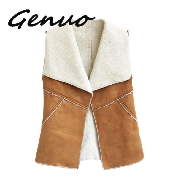 

vintage autumn winter women vest suede warm fleece turn-down collar jackets sleeveless slim outerwear coat waistcoat1, Black;white