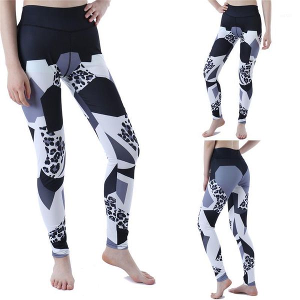 

ladies printed joint high elastic sports leggings tights running fitness tight pants sportswear woman training trousers @c1, Black