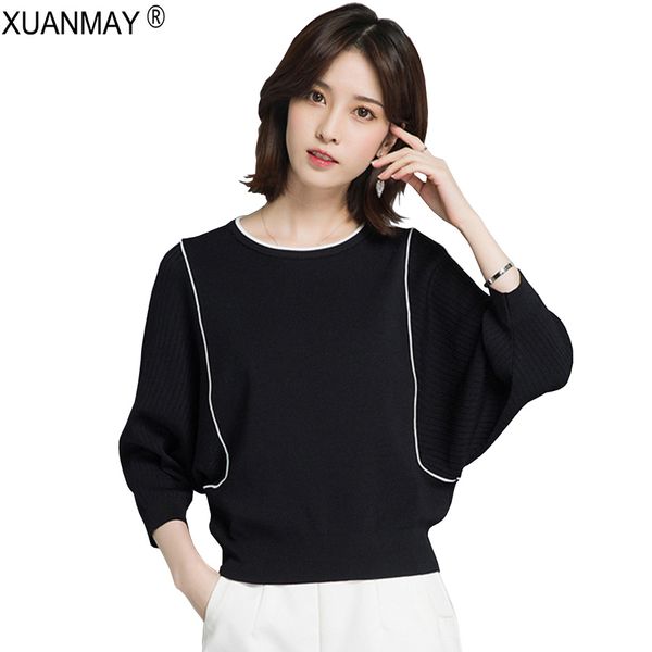 

spring round neck striped knit sweater fashion and elegant white sweater 2019 brand design black spring knitting sweater woman t200319, White;black