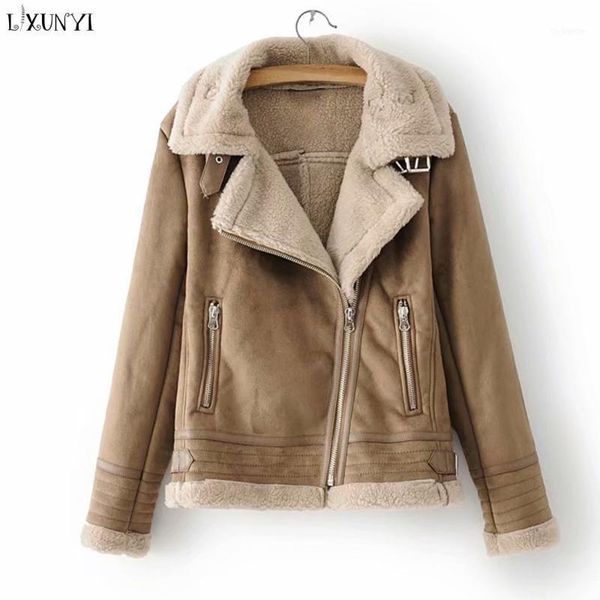 

lxunyi autumn winter suede jacket casual long sleeve bucklethick warm zipper short lambswool suede leather coat female11, Black