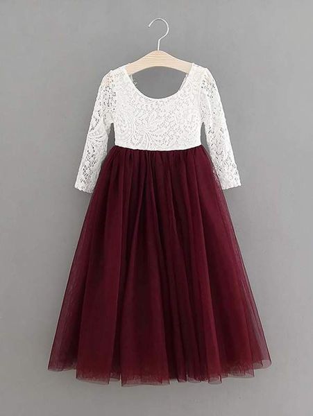 

girls guipure lace insert mesh hem dress she, Red;yellow