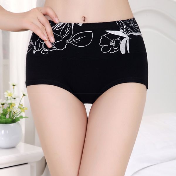 

1pc women cotton printing high waist hip panties female bamboo fiber briefs abdomen underwear, Black;white