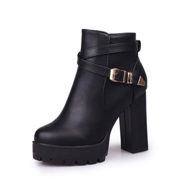 

winter 2021 new 10cm high heels lady martin boots waterproof platform round head belt buckle women boots, Black