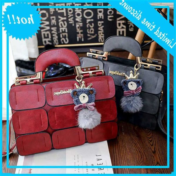 

women's new jiugongge stitched shoulder bag sewing wool bear ball handbag