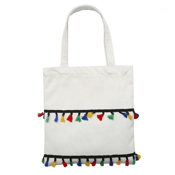 

colorful tassel canvas bag schoolgirl handbag fashion one shoulder portable shopping bag1