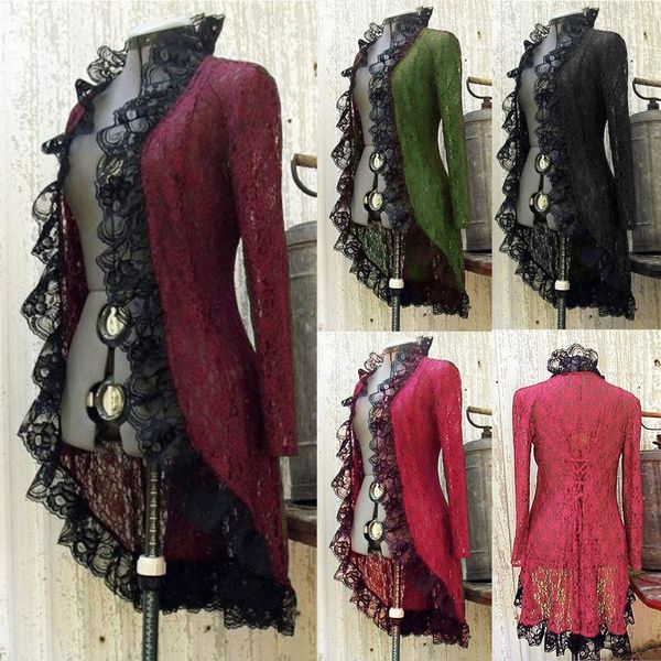 

vintage ladies clothesing medieval dress steampunk stand collar dresses lace up cardigan women jacket vestido de festa, Black;gray